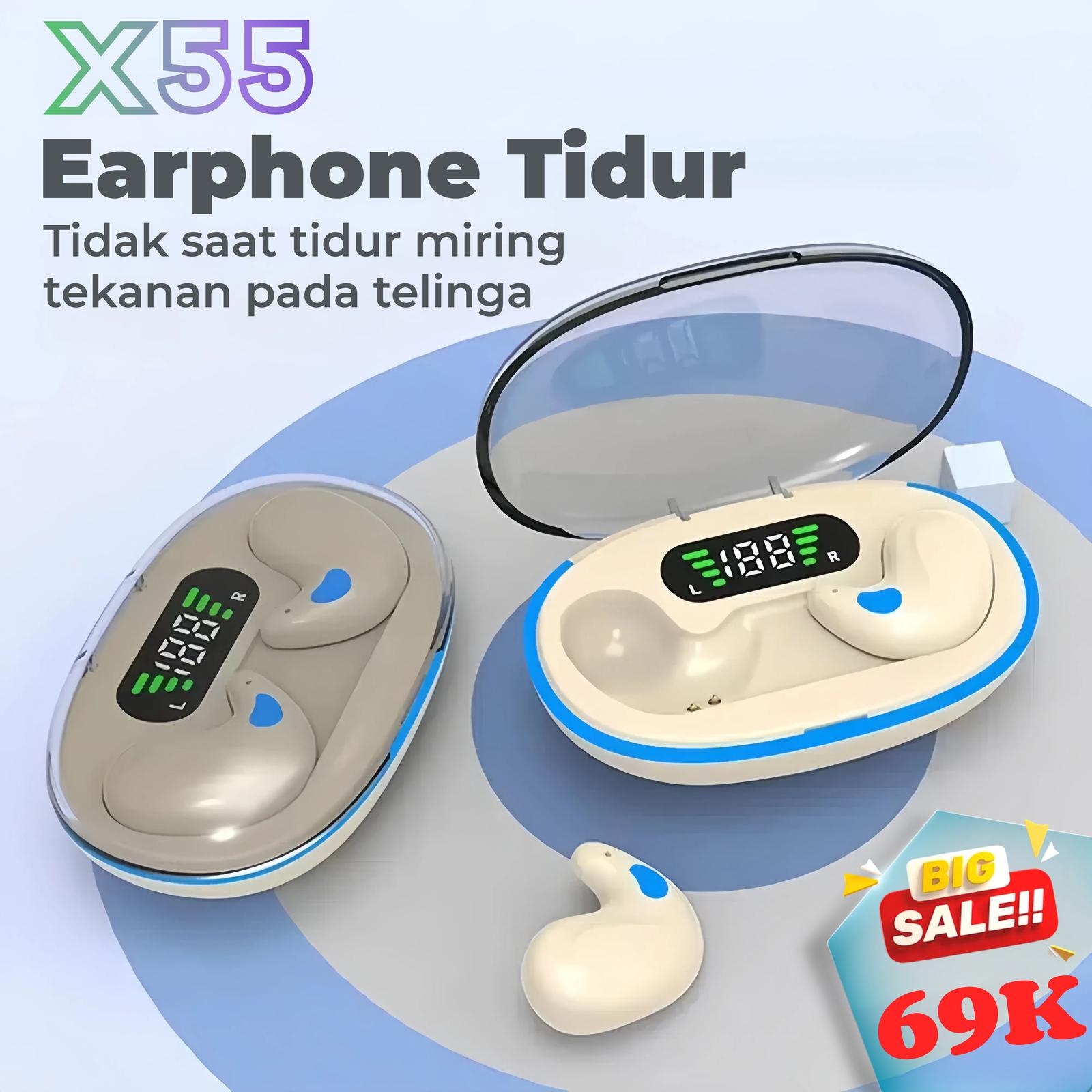 KY X55 Earphone Tidur Suara Stereo Level HiFi, Tahan Air iPX5, Mikrofon Internal, ENC Noise Reduction Layar Digital Cerd