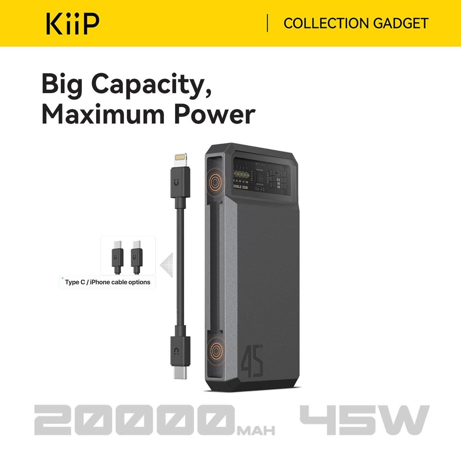 [SALE] KiiP E59 Power Bank Magnetic Cable 45W Fast Charging TC PD Lightning 20000MAH - E59TL Abu-Abu