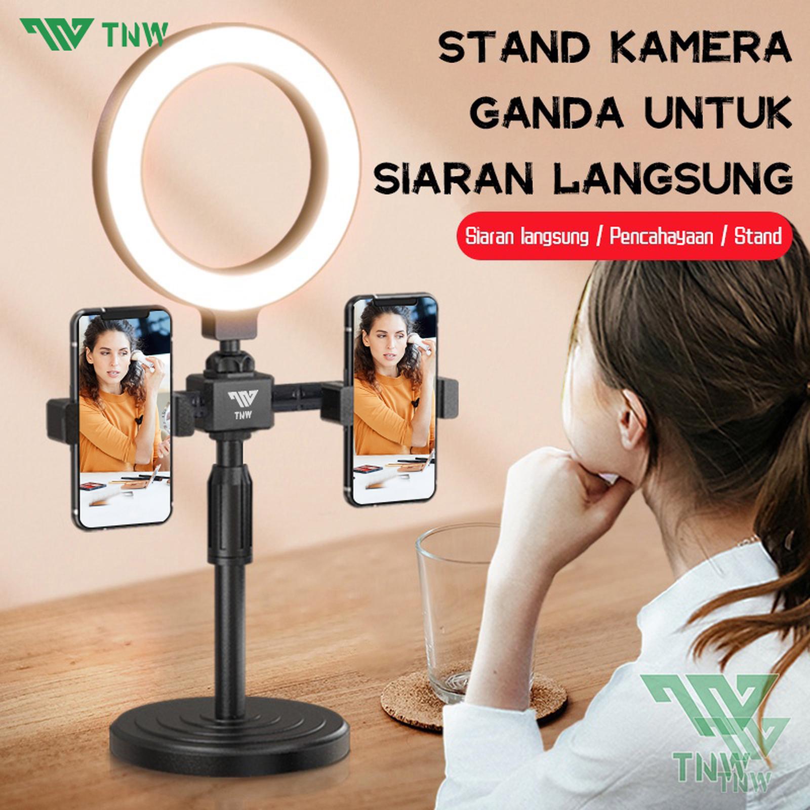 TNW Ring light 16cm+Tripod +2 Holder HP Ring light Tripod Mini Stand HP Live stream Selfie Make Up Vlog Lampu - Hitam